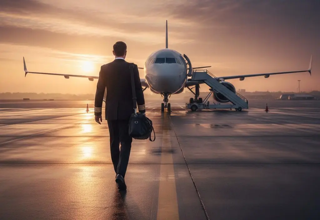 Pilot walking toward an airplane on a tarmac at sunset.