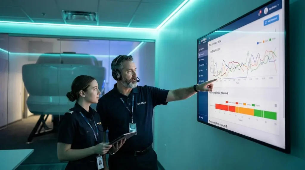 An instructor pointing to data on a large display screen